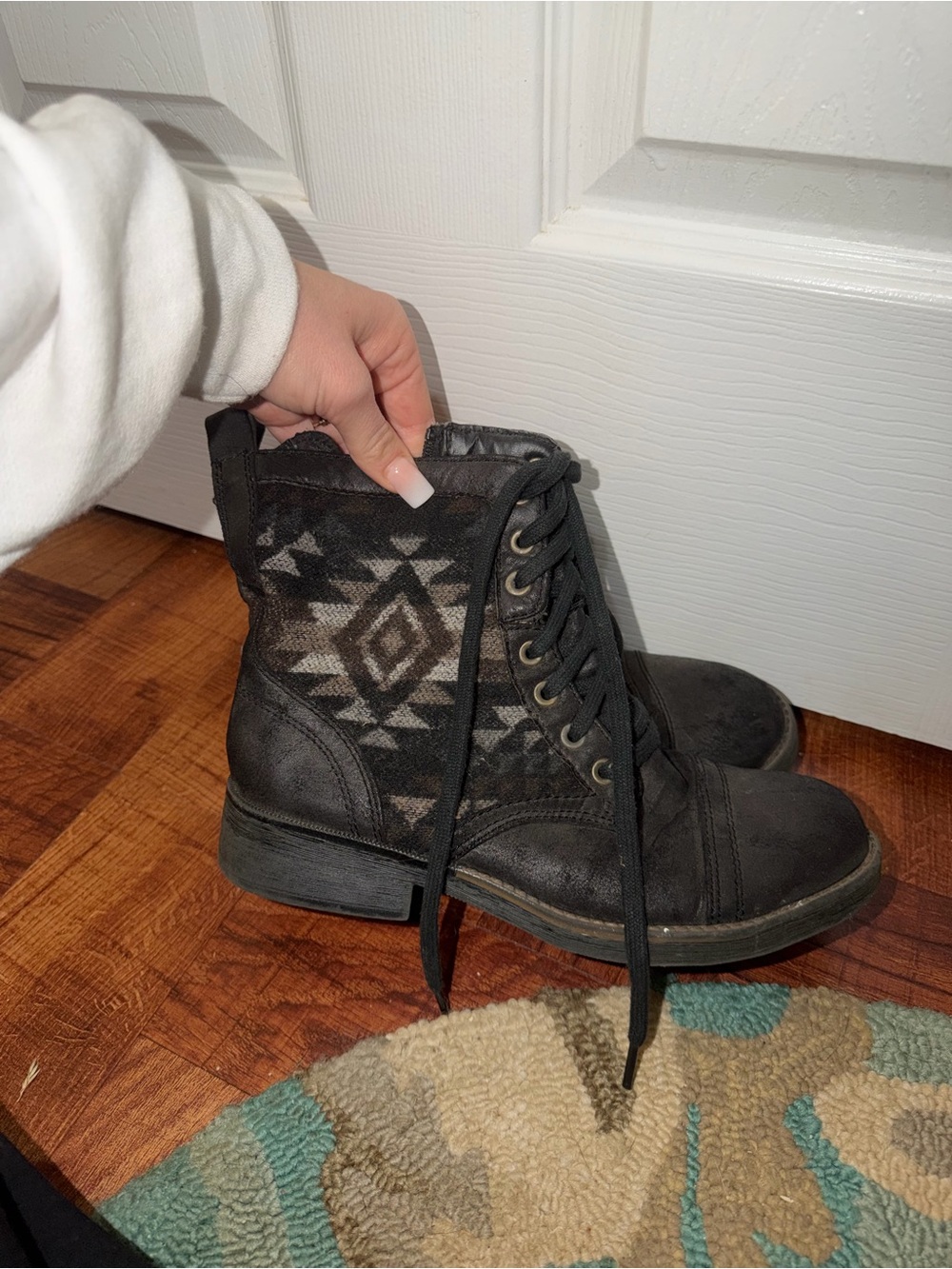 Black Aztec-Pattern Lace-Up Ankle Boots